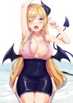  1girl arm_up armpits asymmetrical_hair bangs bare_legs barefoot bed_sheet black_skirt blonde_hair blue_eyes blush breast_tattoo breasts cleavage clenched_hand collared_shirt commentary demon_girl demon_horns demon_tail demon_wings eyebrows_visible_through_hair frilled_shirt frills full_body hair_ribbon high-waist_skirt hololive horns kosuke_(bb) lace-trimmed_skirt lace_trim large_breasts long_hair miniskirt no_bra one_eye_closed open_clothes open_mouth open_shirt parted_bangs pencil_skirt pink_shirt pointy_ears ribbon seiza shiny shiny_clothes shirt sidelocks simple_background sitting skirt sleeveless sleeveless_shirt solo straight_hair stretch tail tattoo tearing_up tears virtual_youtuber white_background white_ribbon wing_collar wings yuzuki_choco 