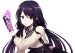  1girl black_skirt black_survival braid charm_(object) cropped_jacket hair_bobbles hair_ornament high-waist_skirt holding hyejin_(black_survival) jacket lix long_hair long_sleeves looking_at_viewer low_twintails open_mouth purple_eyes purple_hair sidelocks simple_background skirt solo twintails undershirt v-shaped_eyebrows very_long_hair white_background white_jacket 