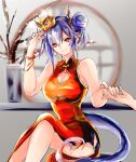  1girl arknights bead_bracelet beads black_shorts blue_hair bracelet breasts ch&#039;en_(ageless_afterglow)_(arknights) ch&#039;en_(arknights) china_dress chinese_clothes cleavage cleavage_cutout clothing_cutout collarbone commentary crown double_bun dragon_girl dragon_horns dragon_tail dress earrings feet_out_of_frame hand_up highres holding_hands horns iroha_(168f3) jewelry large_breasts looking_at_viewer medium_hair mini_crown official_alternate_costume plant potted_plant red_dress red_eyes shorts sleeveless sleeveless_dress smile solo_focus tail 