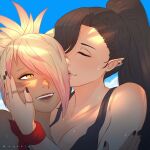  2girls artist_name artist_self-insert black_hair blue_sky blush breasts cleavage closed_eyes dark-skinned_female dark_skin day earrings elezen elf english_commentary facial_mark fictional_persona final_fantasy final_fantasy_xiv hair_over_one_eye hilda_ware hybrid hyur jewelry kiss koyorin looking_at_another medium_breasts miqo&#039;te multiple_girls open_mouth outdoors pointy_ears ponytail ring short_hair short_ponytail sky slit_pupils tank_top wet whisker_markings yellow_eyes yuri 