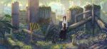  1girl absurdres archery barefoot black_hair bow_(weapon) elf flower forest grass hakama highres japanese_clothes kimono long_hair looking_at_viewer moss nature original pipes pointy_ears ruins scenery serious signpost statue user_sawz8542 weapon 