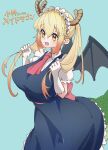  1girl blonde_hair blue_background blue_dress blush bow breasts copyright_name cowboy_shot dragon_girl dragon_horns dragon_tail dragon_wings dress elbow_gloves eyebrows_visible_through_hair eyelashes fang gloves gradient_hair hair_between_eyes holding holding_hair horns kobayashi-san_chi_no_maidragon large_breasts large_tail long_hair maid_headdress multicolored_hair necktie ocha_(popopogg) open_mouth orange_hair perky_breasts pink_bow pink_neckwear short_sleeves simple_background slit_pupils solo tail tohru_(maidragon) twintails two-tone_hair white_gloves wings yellow_eyes 