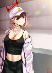  1girl absurdres alternate_costume azur_lane baseball_cap black_pants black_shirt choister duca_degli_abruzzi_(azur_lane) english_commentary halo hat highres jacket light_smile looking_at_viewer manjuu_(azur_lane) midriff navel off_shoulder open_clothes open_jacket pants pink_hair red_eyes shirt short_hair solo spaghetti_strap white_headwear white_jacket 