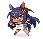  1girl animal_ears bangs blue_hair blush breasts brown_eyes chan_co chibi cleavage collarbone crescent crescent_hair_ornament eyebrows_visible_through_hair fang full_body hair_between_eyes hair_ornament hands_up hishi_amazon_(umamusume) horse_ears horse_girl horse_tail long_hair medium_breasts pleated_skirt shadow short_sleeves sign sign_around_neck skirt solo standing sweat tail translation_request two_side_up umamusume very_long_hair wavy_mouth white_background white_skirt 