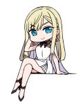  &gt;:) 1girl bangs blonde_hair blue_eyes brown_footwear cape chan_co closed_mouth crossed_legs dress earrings eyebrows_visible_through_hair full_body gigi_andalusia gundam gundam_hathaway&#039;s_flash hand_up high_heels highres jewelry long_hair looking_at_viewer pleated_dress shoes sitting sleeveless sleeveless_dress smile solo v-shaped_eyebrows very_long_hair white_background white_cape white_dress 