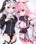  2girls :d animal_ears bangs bare_shoulders blue_eyes braid braided_ponytail chabatake closed_mouth fox_ears hair_between_eyes highres honkai_(series) honkai_impact_3rd kallen_kaslana long_hair looking_at_viewer multiple_girls nun open_mouth petals pink_hair pink_skirt purple_eyes simple_background skirt smile white_background white_hair yae_sakura yae_sakura_(gyakushinn_miko) 