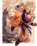  1boy blonde_hair blue_sash boots commentary_request dragon_ball dragon_ball_z fighting_stance hoshikawa_akira male_focus muscular muscular_male open_mouth orange_pants pants sash solo son_goku spiked_hair super_saiyan super_saiyan_1 torn_clothes wristband 