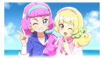  2girls ;d aikatsu!_(series) aikatsu_stars! aqua_hairband aqua_scrunchie blonde_hair blue_eyes blue_jacket blue_sky border bow checkered_hairband close-up cloud cloudy_sky collarbone collared_jacket collared_vest commentary_request crossover curly_hair day earrings eyebrows_visible_through_hair face green_bow green_scrunchie grin hair_bow hair_ornament hair_over_shoulder hair_scrunchie hair_up hairband hand_up heart heart_hair_ornament heart_in_eye highres hinata_yume index_finger_raised jacket jewelry laura_(precure) long_hair looking_at_viewer mewkledreamy multiple_girls namesake neck_ribbon ocean one_eye_closed open_mouth outdoors outside_border pink_eyes pink_hair pink_neckwear pink_ribbon pink_vest pointing pointing_up precure purple_hairband ribbon rin_takanashi_glacies scrunchie shell shell_earrings shirt shoulder-to-shoulder side_ponytail sky smile star_(symbol) star_in_eye striped striped_neckwear striped_ribbon symbol_in_eye teeth thick_eyebrows tropical-rouge!_precure undershirt upper_body v vest white_border white_shirt 