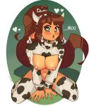  1girl 2021 animal_print blush bottomless bow breasts brown_hair chinese_zodiac choker cleavage clothes_lift cow_horns cow_print dark-skinned_female dark_skin ear_tag elf english_commentary eyeshadow fake_horns female_pubic_hair fingernails full_body hair_bow heart heart-shaped_pupils highres horns klimspree lactation large_breasts latte_(klimspree) long_hair looking_at_viewer makeup navel nipples no_bra original pointy_ears ponytail print_legwear print_sweater pubic_hair ribbed_legwear ribbed_sweater sidelocks sitting solo striped striped_legwear sweater sweater_lift symbol-shaped_pupils thighhighs turtleneck turtleneck_sweater v_arms very_long_hair wariza year_of_the_ox 