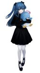  0mot 1girl absurdres bangs black_bow black_dress black_footwear blue_eyes blue_hair bow closed_mouth commentary_request dress earmuffs eyes_visible_through_hair full_body hair_bow highres holding holding_stuffed_toy long_hair looking_at_viewer object_hug original pantyhose sanrio simple_background sleeves_past_wrists solo standing stuffed_animal stuffed_penguin stuffed_toy tuxedo_sam two_side_up white_background white_legwear 