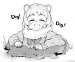  1girl animal_ears black-tailed_prairie_dog_(kemono_friends) blush bow bowtie closed_eyes commentary_request dirty dirty_clothes dirty_face eyebrows_visible_through_hair fur_collar greyscale kemono_friends long_sleeves monochrome open_mouth prairie_dog_ears short_hair smile solo sweatdrop sweater yokuko_zaza 