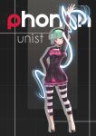  1girl arm_up character_name choker commission cropped_jacket full_body green_eyes green_hair hand_on_hip headphones high_heels highres pants phonon_(under_night_in-birth) sagta_panggang smile solo striped striped_pants under_night_in-birth 