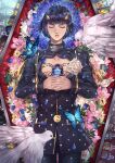  1boy bird black_hair bruno_buccellati bug butterfly closed_eyes coffin cowboy_shot flower insect jojo_no_kimyou_na_bouken lying male_focus on_back rose sagta_panggang solo spoilers vento_aureo white_flower white_rose zipper 