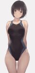  1girl amagami arms_behind_back black_eyes black_hair black_swimsuit breasts clothes_writing collarbone commentary_request competition_school_swimsuit cowboy_shot head_tilt highres looking_at_viewer nanasaki_ai serizawa_(serizawaroom) short_hair simple_background small_breasts solo standing swimsuit thigh_gap two-tone_swimsuit white_background 