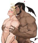  2boys abs angel_and_devil bara beard blonde_hair blue_eyes blush completely_nude couple covering covering_crotch dark-skinned_male dark_skin demon_boy demon_horns demon_tail facial_hair fingernails forked_eyebrows from_side grabbing halo heart highres horns imminent_sex interracial jang_ju_hyeon long_sideburns male_focus male_pubic_hair mature_male multiple_boys muscular muscular_male navel_hair nipples nude original pectoral_grab pectorals pointy_ears pubic_hair red_eyes sharp_fingernails short_hair sideburns stomach tail very_dark_skin yaoi 