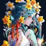 1boy androgynous artist_name bare_shoulders blue_hair braid daffodil dark_background flower from_behind genshin_impact gloves hair_flower hair_ornament hair_ribbon holding holding_flower looking_at_viewer looking_back portrait red_ribbon ribbon simple_background solo tattoo white_flower xiao_(genshin_impact) yellow_eyes yellow_flower yeurei 
