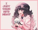  1girl :d animal_ears bangs black_hair black_headwear blush border character_doll cheer_(cheer) cheer_(cheerkitty14) danganronpa_(series) danganronpa_v3:_killing_harmony dog_ears dog_tail english_commentary english_text eyebrows_visible_through_hair fangs flower grey_background grey_hair hair_flower hair_ornament happy holding hood hood_down hoodie keebo long_hair long_sleeves looking_at_viewer multicolored_hair open_mouth original pink_border pink_eyes pink_headwear pink_hoodie smile solo tail the_simpsons upper_body white_hoodie 