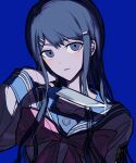  1girl bangs blue_background blue_collar blue_eyes blue_hair bow collar collarbone danganronpa:_trigger_happy_havoc danganronpa_(series) eyebrows_visible_through_hair hair_ornament hairclip hand_up highres holding holding_knife knife long_hair long_sleeves looking_at_viewer maizono_sayaka parted_lips pink_bow sailor_collar school_uniform simple_background vo1ez 