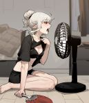  abs blush bra clothes_lift earrings fang gogalking hair_bun highres jewelry open_mouth pointy_ears red_eyes sharp_teeth shirt_lift shorts sitting sweat teeth tired tongue tongue_out underwear vampire_(gogalking) white_hair 
