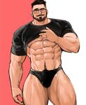  1boy abs bara bare_pectorals beard black-framed_eyewear black_shirt bulge clothes_lift facial_hair feet_out_of_frame glasses highres jang_ju_hyeon large_pectorals lifted_by_self looking_at_viewer male_focus mature_male muscular muscular_male navel navel_hair nipples no_pants one_eye_closed original pectorals pubic_hair pubic_hair_peek shirt shirt_lift short_hair solo stomach thick_thighs thighs 