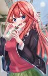  1girl absurdres ahoge bag bangs black_jacket blue_eyes blurry blush bokeh breasts cardigan city coffee coffee_cup collared_shirt commentary cowboy_shot cup day depth_of_field disposable_cup eyebrows_visible_through_hair go-toubun_no_hanayome green_skirt hair_ornament highres holding holding_cup huge_filesize jacket long_hair long_sleeves looking_at_viewer nakano_itsuki open_mouth outdoors pleated_skirt rain_sunny red_cardigan red_hair shirt skirt smile solo star_(symbol) star_hair_ornament starbucks sun upper_teeth white_shirt 