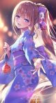  1girl bangs blue_kimono blurry blurry_background blush bow brown_hair character_request copyright_request floral_print flower hair_bow hair_flower hair_ornament head_tilt holding japanese_clothes kimono long_hair long_sleeves looking_at_viewer looking_back obi open_mouth outstretched_arm ponytail purple_bow purple_eyes sash smile solo standing tanabata tomose_shunsaku 