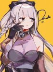  1girl artist_name bangs black_bow black_dress black_gloves bow braid breasts brown_background covered_collarbone danganronpa:_trigger_happy_havoc danganronpa_(series) danganronpa_10th_anniversary_costume dress gloves hair_bow hand_on_own_face hand_up highres kirigiri_kyouko large_breasts long_hair looking_to_the_side official_alternate_costume purple_eyes rina_(crystalrina) see-through shiny shiny_hair upper_body 
