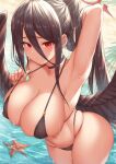  1girl arm_up armpits ass bikini black_bikini black_choker black_hair blue_archive blush breasts choker cleavage closed_mouth collarbone cowboy_shot eyebrows_visible_through_hair hair_between_eyes halo hasumi_(blue_archive) highres large_breasts long_hair looking_at_viewer mole mole_on_armpit mole_under_eye navel ponytail red_eyes sideboob skindentation smile solo strap_pull swimsuit wings yasojima_nejiro 