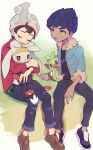  2boys bangs beanie black_pants black_shirt blue_jacket blush brown_footwear brown_hair cable_knit closed_eyes dark-skinned_male dark_skin denim fur-trimmed_jacket fur_trim gen_8_pokemon grey_headwear grookey hat highres holding holding_pokemon hop_(pokemon) jacket jeans lower_teeth male_focus multiple_boys open_mouth pants plaid pokemon pokemon_(creature) pokemon_(game) pokemon_swsh purple_hair raboot red_shirt shirt shoes short_hair sitting sleeves_rolled_up smile starter_pokemon tongue torn_clothes torn_jeans torn_pants victor_(pokemon) yamunashi yellow_eyes |d 