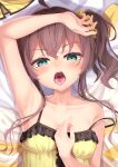  1girl absurdres ahoge arm_over_head arm_up armpits bangs bare_arms bare_shoulders bed_sheet blush breasts brown_hair camisole collarbone commentary_request eyebrows_visible_through_hair frilled_camisole frills green_eyes hair_ornament hair_scrunchie hand_on_own_chest hand_up heart heart-shaped_pupils highres hololive long_hair looking_at_viewer natsuiro_matsuri open_mouth oral_invitation saliva scrunchie side_ponytail solo starkamisan strap_slip symbol-shaped_pupils tongue tongue_out upper_body v-shaped_eyebrows virtual_youtuber 