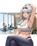  3girls absurdres arm_up armpits bangs bicycle_trainer blue_hair blue_pants blue_shorts border breasts crossed_legs dong_ji dumbbell eyebrows_visible_through_hair green_eyes gym hairband highres hololive houshou_marine indoors large_breasts lying multiple_girls navel on_back open_mouth pants red_hair red_pants red_sports_bra shirogane_noel shirt short_hair shorts silver_hair sports_bra sweat towel towel_on_one_shoulder usada_pekora virtual_youtuber white_border white_shirt white_sports_bra window wooden_floor yoga_pants 