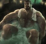  1boy abs arm_hair bara beard chest_hair cigar completely_nude facial_hair graves_(league_of_legends) hairy highres jang_ju_hyeon large_pectorals league_of_legends leg_hair looking_at_viewer male_focus mature_male muscular muscular_male naked_towel navel navel_hair nipples nude onsen partially_submerged pectorals raised_eyebrow reward_available short_hair smoking smug solo spread_legs steam stomach thighs towel towel_around_neck wet 