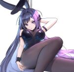  1girl animal_ears arm_strap arm_up azur_lane bare_shoulders black_leotard blue_eyes blue_hair breasts brown_legwear bunny_ears fake_animal_ears hair_intakes hair_ornament highres large_breasts leotard long_hair looking_at_viewer new_jersey_(azur_lane) new_jersey_(exhilarating_steps!)_(azur_lane) official_alternate_costume pantyhose simple_background sitting siun solo strapless strapless_leotard thighs very_long_hair white_background wrist_cuffs 