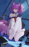  1girl absurdres animal_ear_fluff animal_ears arknights bangs bare_shoulders book candle closed_mouth collarbone commentary_request eyebrows_visible_through_hair feet foot_focus frown glaring hair_ornament highres knife long_hair lwj off_shoulder pantyhose purple_hair purple_nails red_eyes shamare_(arknights) sitting soles solo sweat tail thighband_pantyhose toenail_polish toes twintails v-shaped_eyebrows white_legwear wolf_ears wolf_tail 