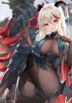  1girl :d aegir_(azur_lane) armored_boots ass azur_lane bangs bare_shoulders black_gloves bodystocking boots breast_curtains breasts chinese_commentary cleavage commentary corset crossed_legs demon_horns earrings elbow_gloves eric_(tianqijiang) eyebrows_visible_through_hair gloves hair_between_eyes hands_up high_heels highres horns iron_cross jewelry large_breasts long_hair looking_at_viewer multicolored_hair open_mouth rigging sidelocks simple_background sitting smile solo streaked_hair taut_clothes turret very_long_hair white_background white_hair yellow_eyes 
