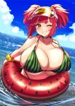  1girl absurdres bikini blush borrowed_character breasts choker cloud cloudy_sky commission dutch_angle food_print grin highres huge_breasts innertube ocean one_eye_closed original red_hair skeb_commission sky smile solo swimsuit thick_eyebrows twintails visor_cap wading watermelon_print wotori yellow_eyes 