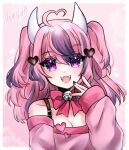  1girl ahoge artist_name aurulita bare_shoulders border breasts cleavage commentary demon_girl demon_horns eyebrows_visible_through_hair eyes_visible_through_hair fangs hair_between_eyes heart highres horns ironmouse long_hair long_sleeves looking_at_viewer open_mouth pink_background pink_hair purple_eyes solo teeth tongue upper_body virtual_youtuber vshojo watermark white_border 