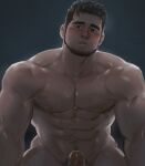  1boy abs bara beard blush completely_nude cowboy_shot erection facial_hair groin head_tilt highres jang_ju_hyeon large_pectorals looking_at_viewer male_focus male_pubic_hair mature_male muscular muscular_male navel navel_hair nipples nude original pectorals penis pubic_hair short_hair solo stomach uncensored 