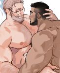 2boys bara beard blush chest_hair completely_nude couple dark-skinned_male dark_skin facial_hair from_side glasses hand_on_another&#039;s_head highres interracial jang_ju_hyeon large_pectorals light_brown_hair looking_at_another male_focus mature_male multiple_boys muscular muscular_male mustache nipples nude old old_man original pectorals round_eyewear short_hair stomach upper_body yaoi 