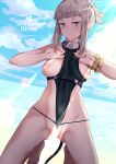  1girl ass_visible_through_thighs bangs bare_shoulders barefoot beach blue_eyes blunt_bangs blush breasts breasts_outside character_name cloud cloudy_sky commentary_request copyright_name covered_navel day dutch_angle female_pubic_hair frown girls&#039;_frontline groin hair_ornament hair_scrunchie highres horizon jitome kneeling large_breasts lens_flare light_censor looking_at_viewer mishima_hiroji nipples ocean official_alternate_costume one-piece_swimsuit outdoors partially_visible_vulva ponytail pp-19_(girls&#039;_frontline) pubic_hair scrunchie short_eyebrows short_hair sidelocks silver_hair skindentation sky solo sunlight swimsuit swimsuit_aside twitter_username wedgie wrist_scrunchie 