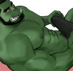  1boy abs bara beard black_hair brown_male_underwear bulge colored_skin erection erection_under_clothes facial_hair fangs from_side green_skin highres jang_ju_hyeon large_pectorals loincloth looking_at_viewer lying male_focus mature_male monster_boy muscular muscular_male navel navel_hair nipples on_back orc original pectorals pointy_ears reward_available short_hair solo stomach thick_eyebrows thick_thighs thighs underwear underwear_only 