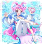  1girl :d blue_background blue_hair blue_nails border choker collarbone cure_la_mer detached_sleeves floating_hair full_body hair_intakes hanzou highres holding laura_(precure) layered_skirt long_hair long_sleeves looking_at_viewer miniskirt nail_polish open_mouth pants pink_eyes pink_hair pink_nails precure shiny shiny_hair skirt smile solo strapless toenail_polish tropical-rouge!_precure very_long_hair white_border white_pants white_sleeves 