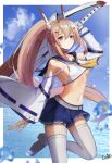  1girl arm_up artist_name ayanami_(azur_lane) azur_lane bandaid bandaid_on_arm bangs bare_shoulders belt blue_sailor_collar blue_skirt blue_sky blurry blurry_foreground blush breasts closed_mouth cloud commentary_request cowboy_shot crop_top day detached_sleeves eyebrows_visible_through_hair gao_kawa hair_between_eyes hair_ornament headgear high_ponytail highres holding holding_sword holding_weapon long_hair looking_at_viewer navel neckerchief ocean orange_eyes pleated_skirt ponytail retrofit_(azur_lane) rudder_footwear sailor_collar shirt sidelocks skindentation skirt sky small_breasts solo standing standing_on_one_leg stomach sword thighhighs underboob water_drop weapon white_background white_belt white_legwear white_shirt white_sleeves wide_sleeves yellow_neckwear zettai_ryouiki 