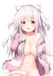  1girl animal_ear_fluff animal_ears bangs bottomless breasts cat_ears commentary_request drawstring eyebrows_visible_through_hair highres hood hood_down hoodie large_breasts long_hair navel no_panties original red_eyes short_twintails silver_hair single_bare_shoulder solo stomach tail tail_censor tutsucha_illust twintails 
