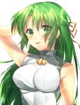  1girl arm_up bangs breasts breasts_apart eyebrows_visible_through_hair floating_hair green_eyes green_hair hair_between_eyes hair_ribbon hand_in_hair highres higurashi_no_naku_koro_ni long_hair medium_breasts merokonbunbun ribbed_sweater ribbon shiny shiny_hair simple_background solo sonozaki_shion sweater tongue tongue_out turtleneck turtleneck_sweater upper_body very_long_hair vest white_background white_sweater yellow_ribbon 