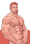 1boy abs arm_hair bara beard chest_hair completely_nude covering covering_crotch cowboy_shot facial_hair hairy highres jang_ju_hyeon large_pectorals light_brown_hair male_focus mature_male muscular muscular_male navel navel_hair nipples nude original pectorals short_hair smile solo stomach 