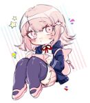  1girl :&lt; animal_bag backpack bag bangs black_jacket black_legwear blush brown_skirt cat_bag chibi danganronpa_(series) danganronpa_2:_goodbye_despair dokudokudoku eyebrows_visible_through_hair flipped_hair grey_background hair_ornament handheld_game_console holding holding_handheld_game_console hood hood_down hooded_jacket jacket knees_up light_brown_hair looking_at_viewer medium_hair nanami_chiaki neck_ribbon open_clothes open_jacket pink_eyes pink_footwear pleated_skirt red_ribbon ribbon shiny shiny_hair shoes skirt solo spaceship_hair_ornament star_(symbol) thighhighs 