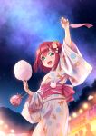  1girl :d alternate_costume alternate_hairstyle aqua_eyes arm_up bangs blush cotton_candy cowboy_shot double_bun flower food food_stand hair_between_eyes hair_flower hair_ornament highres holding holding_charm holding_food inou_shin japanese_clothes kimono kinchaku kurosawa_ruby looking_at_viewer love_live! love_live!_sunshine!! night night_sky obi open_mouth pouch red_hair sash short_hair sidelocks sky smile solo star_(sky) starry_sky summer_festival tanabata tanzaku tareme upper_teeth yukata 