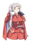  1girl automatic_giraffe blonde_hair cape closed_mouth cup edelgard_von_hresvelg fire_emblem fire_emblem:_three_houses gloves hair_ornament hair_ribbon long_hair long_sleeves looking_at_viewer purple_eyes ribbon side_ponytail simple_background smile solo teacup white_hair 
