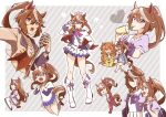  3girls absurdres animal_ears ascot bag black_gloves blue_eyes blue_jacket blue_skirt boots bow bowtie brown_footwear brown_hair buttons capelet common_race_outfit_(umamusume) double-breasted drinking_straw ear_bow ear_piercing enonko epaulettes frilled_skirt frills gloves hair_bow hair_flaps hand_on_hip high_ponytail highres horse_ears horse_girl horse_tail horseshoe_ornament jacket knee_boots layered_sleeves long_hair long_sleeves mayano_top_gun_(umamusume) microphone midriff miniskirt mismatched_gloves multicolored_hair multiple_girls multiple_views music navel one_eye_closed orange_eyes orange_hair outside_border piercing pink_bow pink_headwear pink_neckwear pleated_skirt puffy_short_sleeves puffy_sleeves purple_bow purple_eyes purple_neckwear purple_shirt red_capelet sailor_collar sailor_shirt school_bag school_uniform shirt short_over_long_sleeves short_sleeves singing single_epaulette skirt streaked_hair symboli_rudolf_(umamusume) tail thighhighs tokai_teio_(umamusume) tracen_school_uniform track_suit two-tone_hair two-tone_jacket two-tone_skirt umamusume v white_footwear white_gloves white_hair white_jacket white_legwear white_skirt 